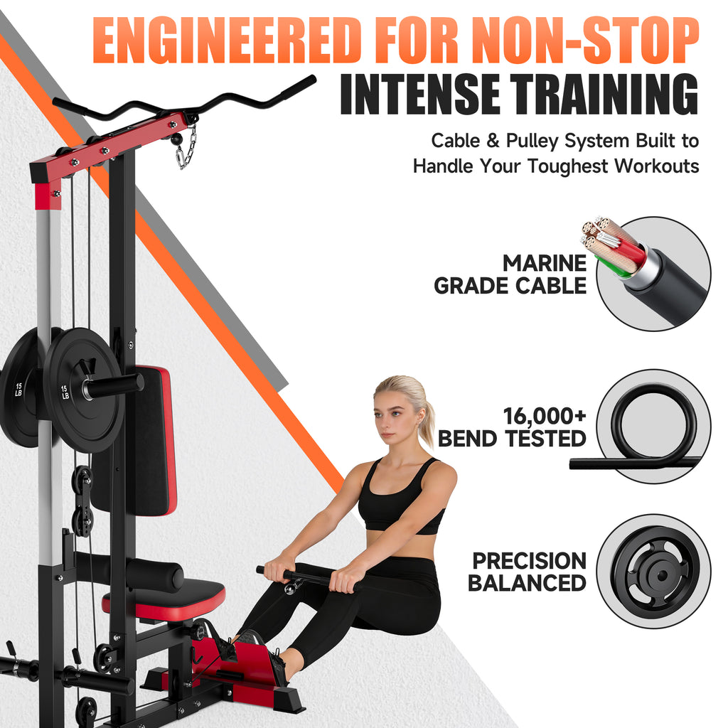 MITONOS 3 in 1 LAT Pulldown Machine,LAT Row Cable Machine with AB Crunch and Cable Row Attachments for Home Gym,High or Low Pulley Stations with Weight Plates (Red)