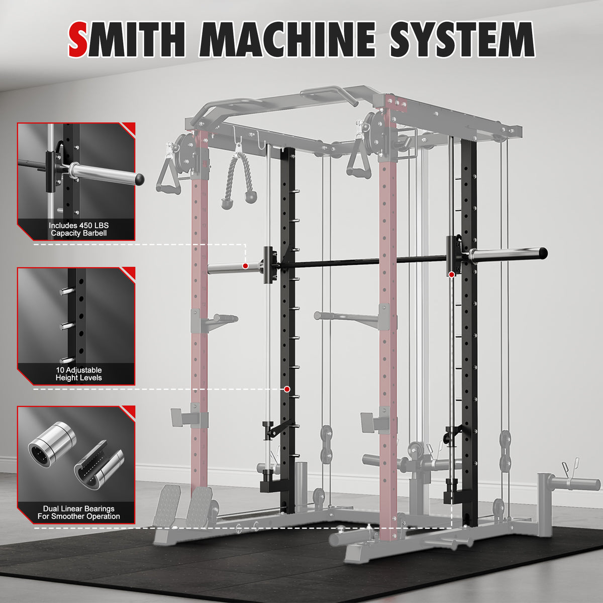 Mitonos Multi-Function Smith Power Cage, 2000 LBS Heavy Duty Squat Rack with Dual Cable Crossover System, All-in-One Home Gym Strength Training Frame with Fitness Accessories