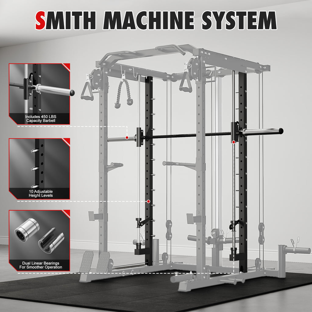 Mitonos Multi-Function Smith Power Cage, 2000 LBS Heavy Duty Squat Rack with Dual Cable Crossover System, All-in-One Home Gym Strength Training Frame with Fitness Accessories