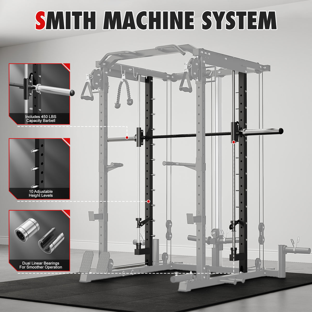 Mitonos Multi-Function Smith Power Cage, 2000 LBS Heavy Duty Squat Rack with Dual Cable Crossover System, All-in-One Home Gym Strength Training Frame with Fitness Accessories