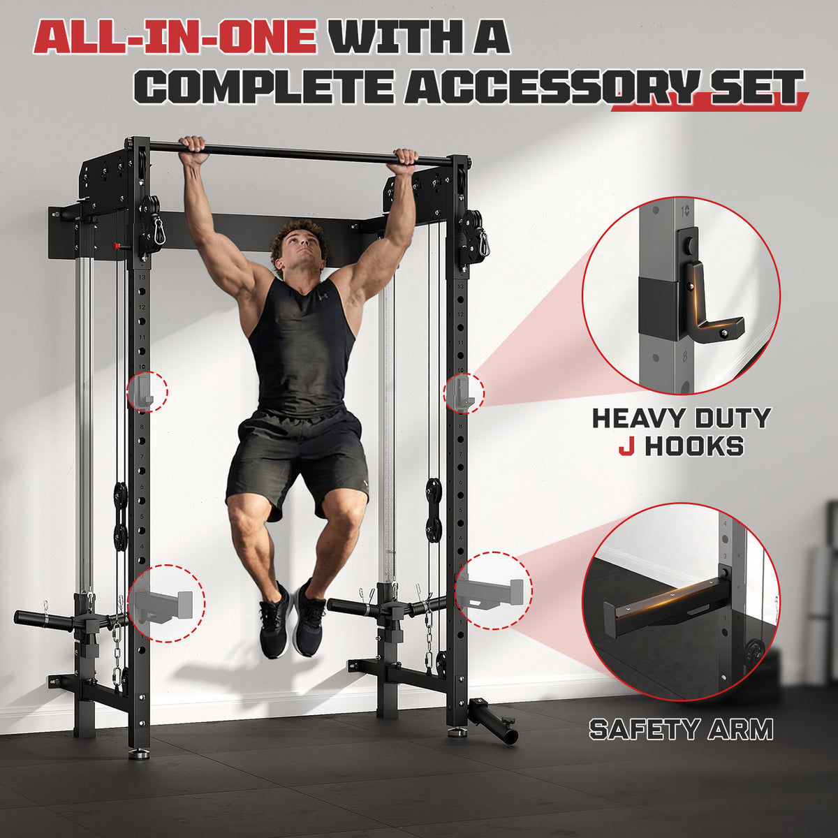 MITONOS Wall Mounted Folding Squat Rack,1200 LBS Power Rack with Dual Independent Pulley System, 5 Adjustable Modes, Functional Trainer for Space Saving Home Gym,Black