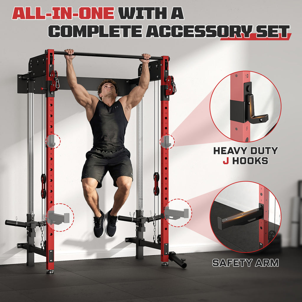 MITONOS Wall Mounted Folding Squat Rack,1200 LBS Power Rack with Dual Independent Pulley System, 5 Adjustable Modes, Functional Trainer for Space Saving Home Gym,Red