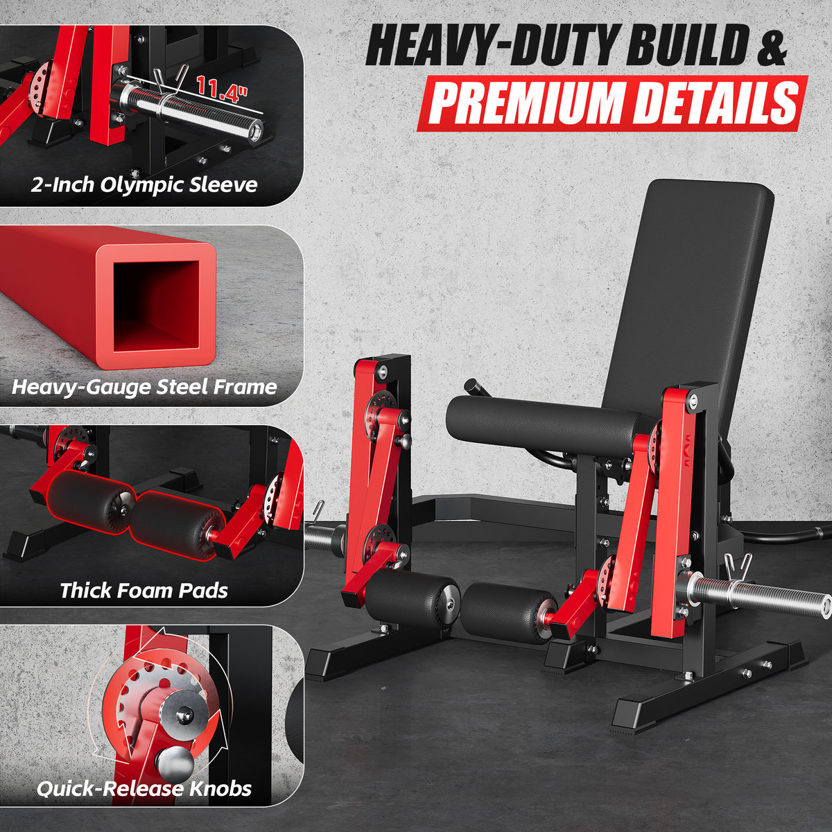 Mitonos Dual Independent Leg Machine Adjustable Unilateral Lower Body Training Equipment Plate Loaded Leg Extension and Leg Curl Machine for Home Gym, Red with 70LBS Black Weight Plates Set