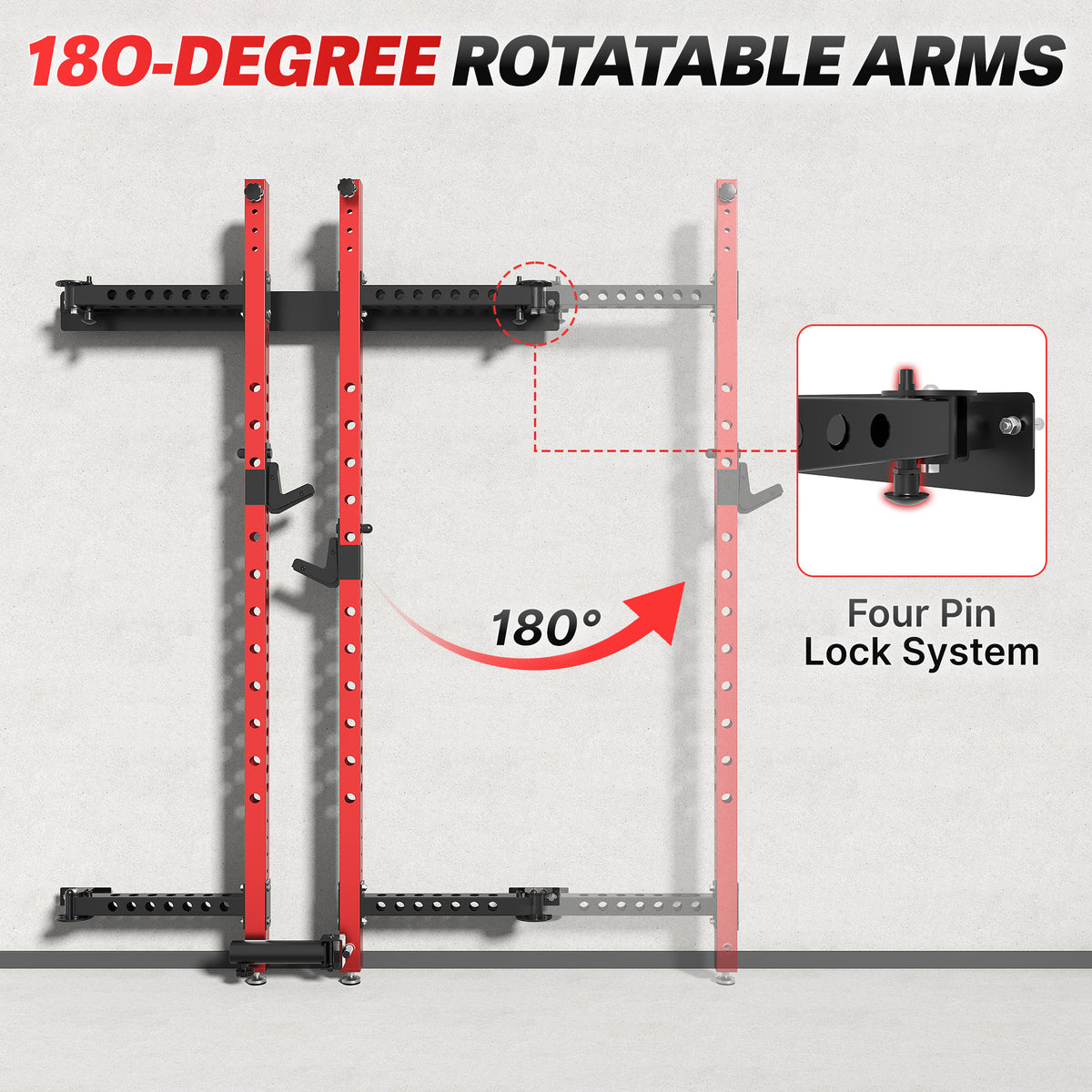 MITONOS Wall Mount Foldable Squat Power Rack, Compact 1100 lbs Weight Capacity Home Gym Training Station,Heavy-Duty Steel Space Efficient Workout Frame with Pull-up Bar and 360° Landmine,Red