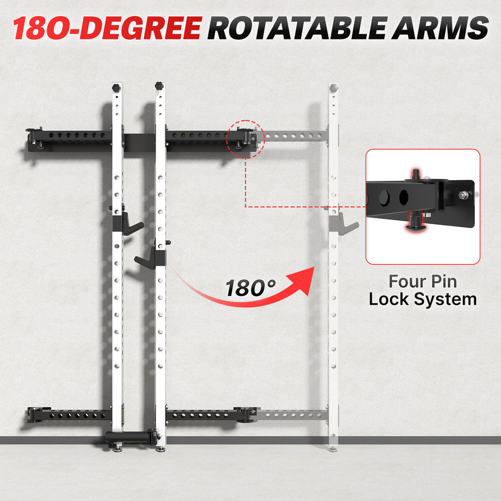 MITONOS Wall Mount Foldable Squat Power Rack, Compact 1100 lbs Weight Capacity Home Gym Training Station,Heavy-Duty Steel Space Efficient Workout Frame with Pull-up Bar and 360° Landmine