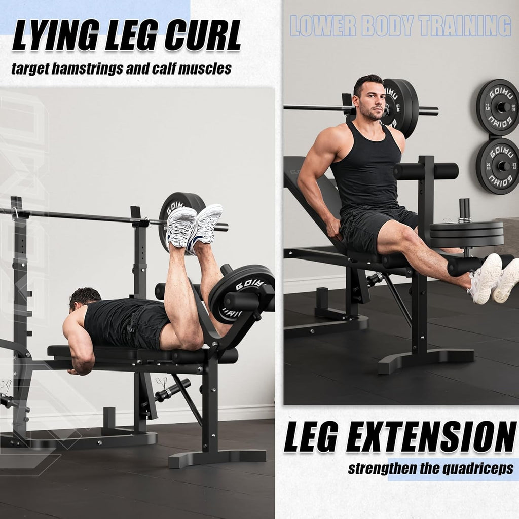 900LBS Olympic Weight Bench Set,9 in 1 Multifunction Strength Training Bench with Leg Extension, Preacher Curl Pad and LAT Pulldown for Home Gym (Black and 120lbs Plates)