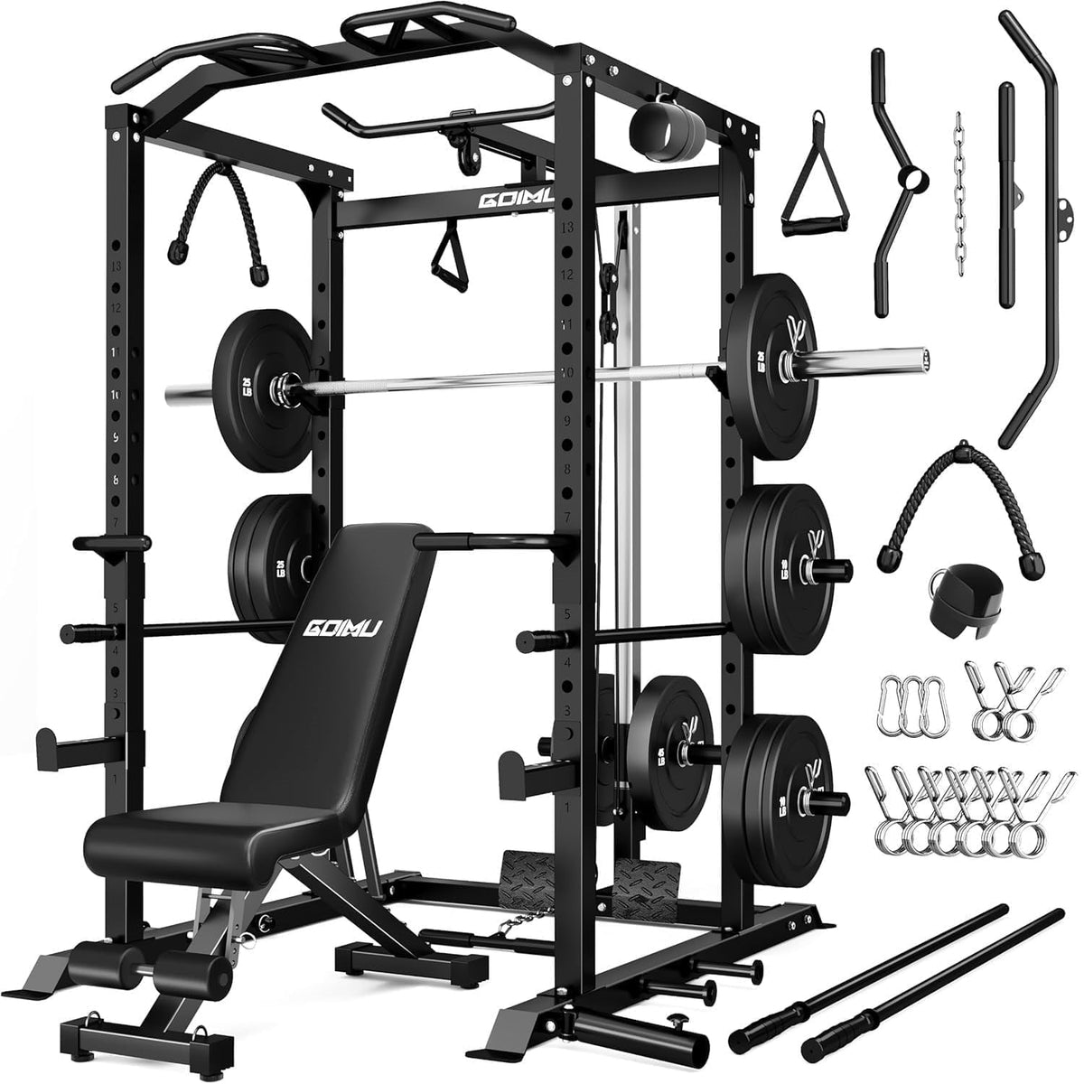 Power Cage, 2000LBS Squat Rack with LAT Pulldown, Multi-Function Weight Cage Strength Training Machine, Workout Cage with More Attachments for Home Gym Garage