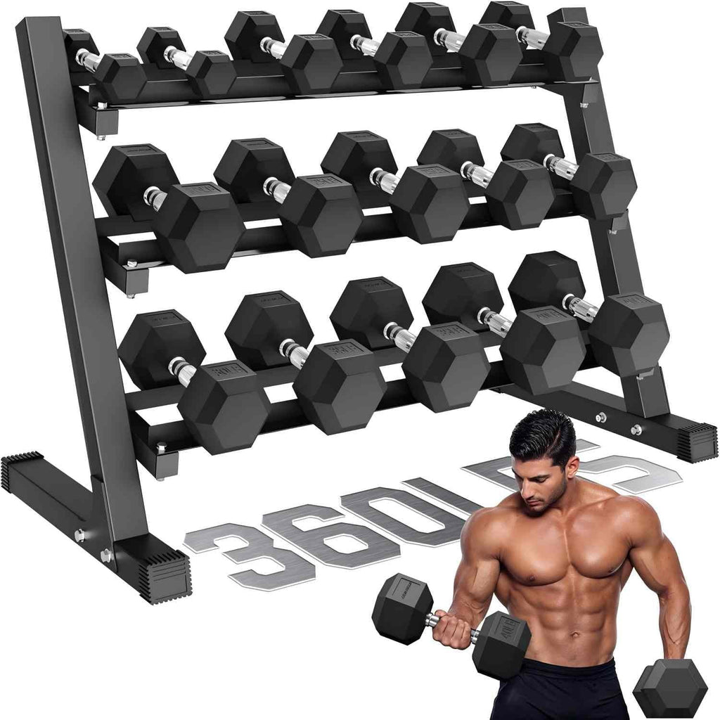 MITONOS 280/360 Dumbbell Sets with Rack, Rubber Hex Dumbbells, Free Weight set for Home Gym, Hand Weights with Chrome Handle for Strength Training