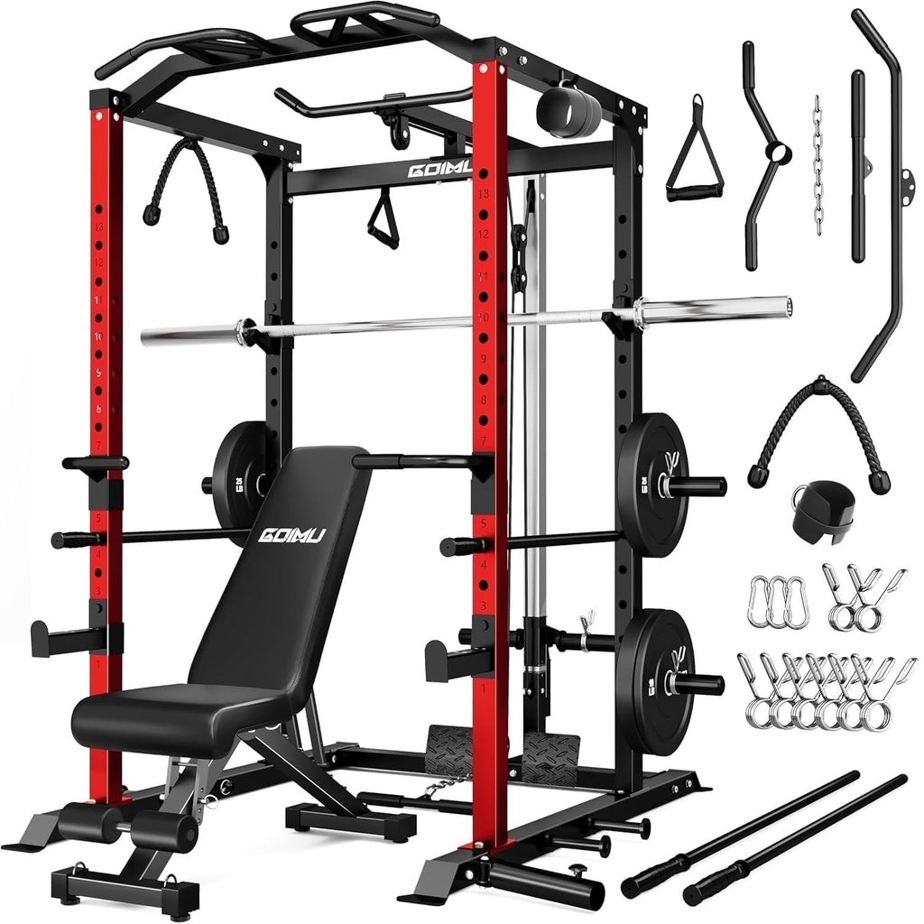 Power Cage, 2000LBS Squat Rack with LAT Pulldown, Multi-Function Weight Cage Strength Training Machine, Workout Cage with More Attachments for Home Gym Garage