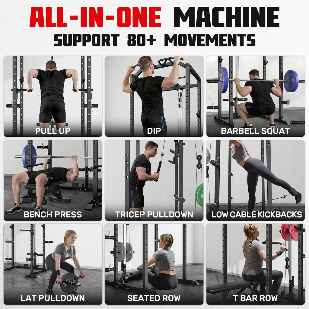 MITONOS 2000LBS Power Cage, Multi‑Function Squat Power Rack with LAT Pulldown, Pull‑Up Bar & Cable Pulley System for Home Gym