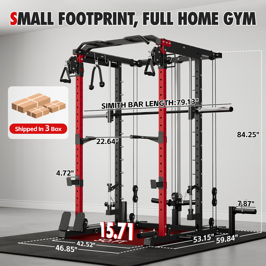 Mitonos Multi-Function Smith Power Cage, 2000 LBS Heavy Duty Squat Rack with Dual Cable Crossover System, All-in-One Home Gym Strength Training Frame with Fitness Accessories