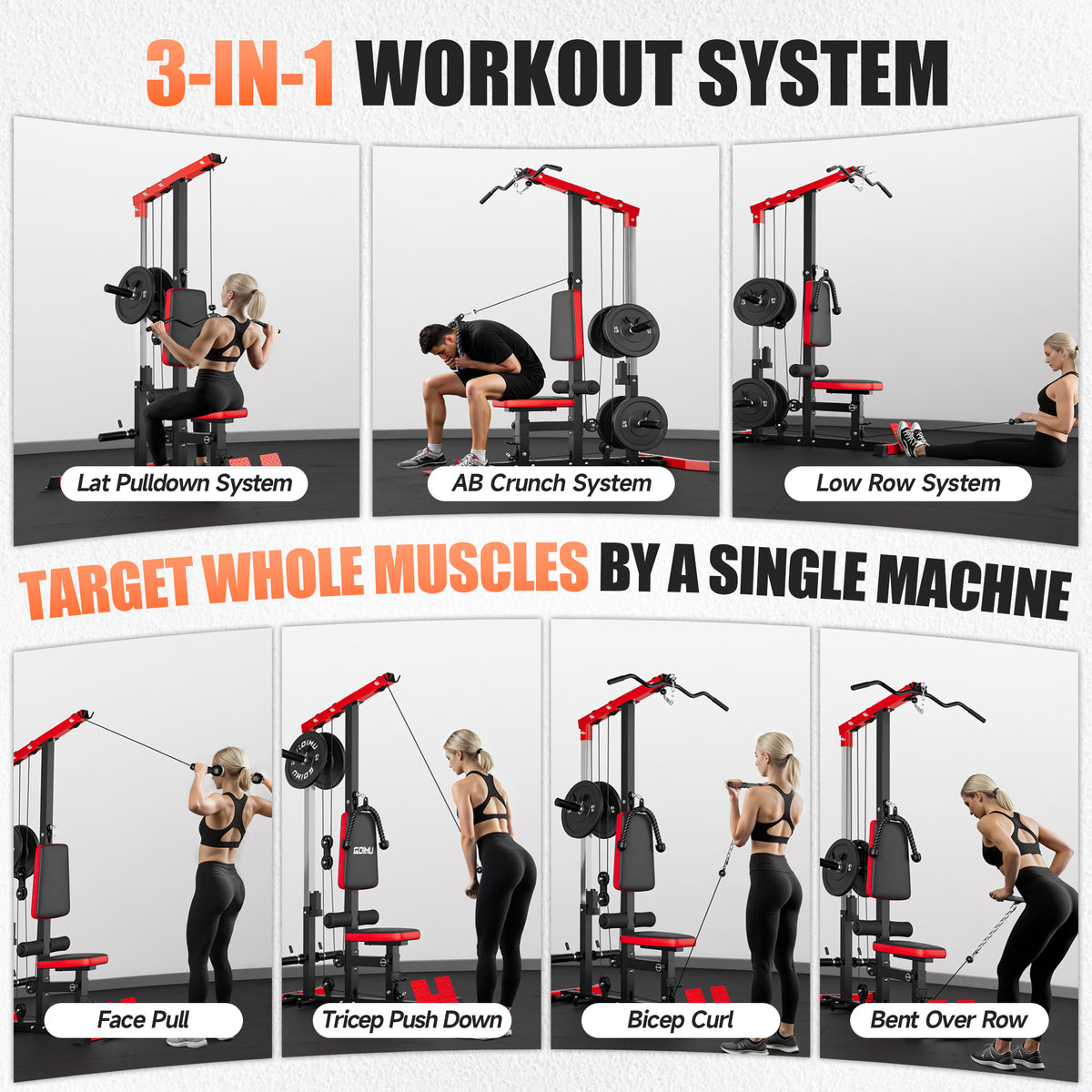 MITONOS 3 in 1 LAT Pulldown Machine,LAT Row Cable Machine with AB Crunch and Cable Row Attachments for Home Gym,High or Low Pulley Stations with Weight Plates (Red)
