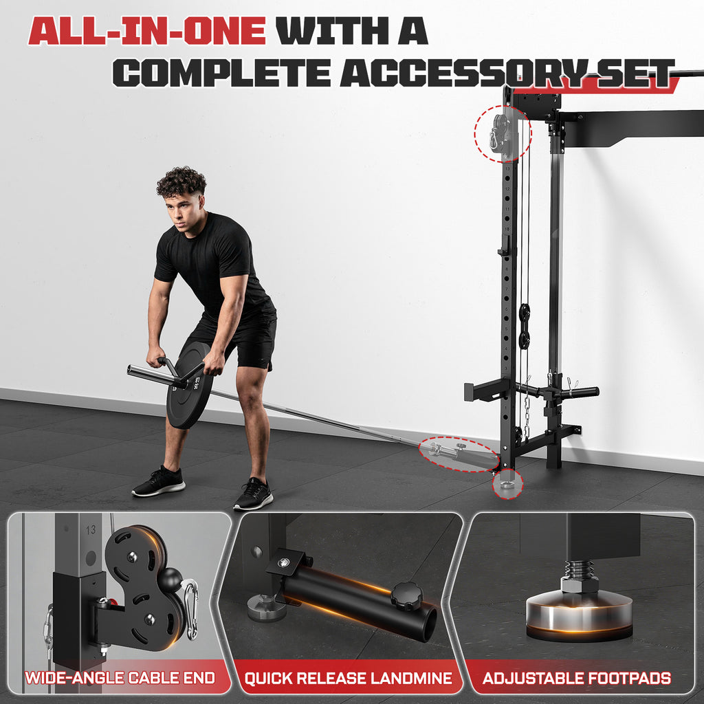 MITONOS Foldable Power Rack Cage,1200 lbs Wall Mounted Squat Rack, Functional Trainer for Space Saving Home Gym with 1000 lb Weight Bench and Barbell