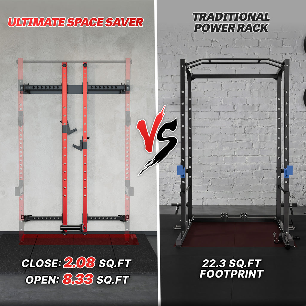 MITONOS Wall Mount Foldable Squat Power Rack, Compact 1100 lbs Weight Capacity Home Gym Training Station,Heavy-Duty Steel Space Efficient Workout Frame with Pull-up Bar and 360° Landmine,Rad