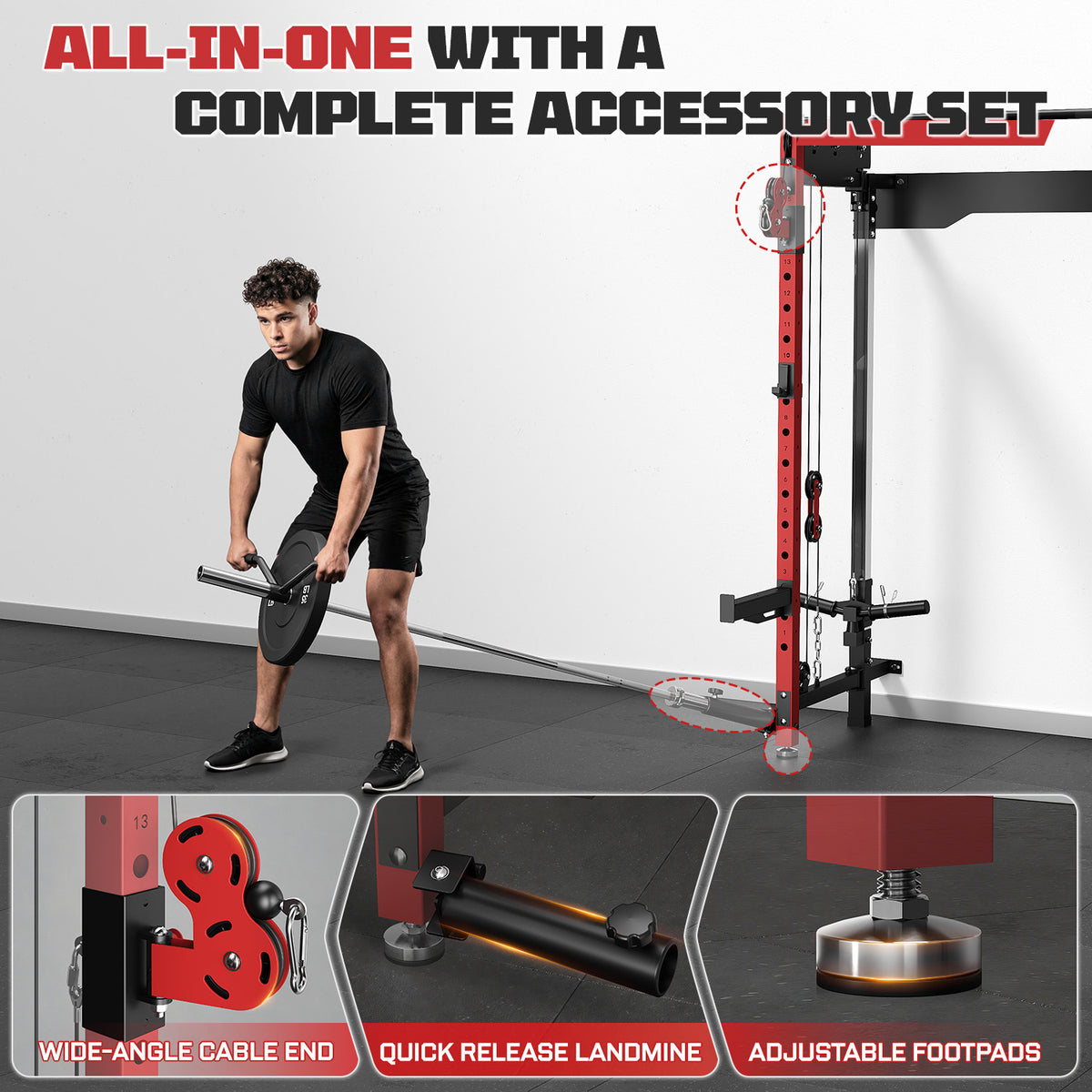 MITONOS Wall Mounted Folding Squat Rack,1200 LBS Power Rack with Dual Independent Pulley System, 5 Adjustable Modes, Functional Trainer for Space Saving Home Gym,Red