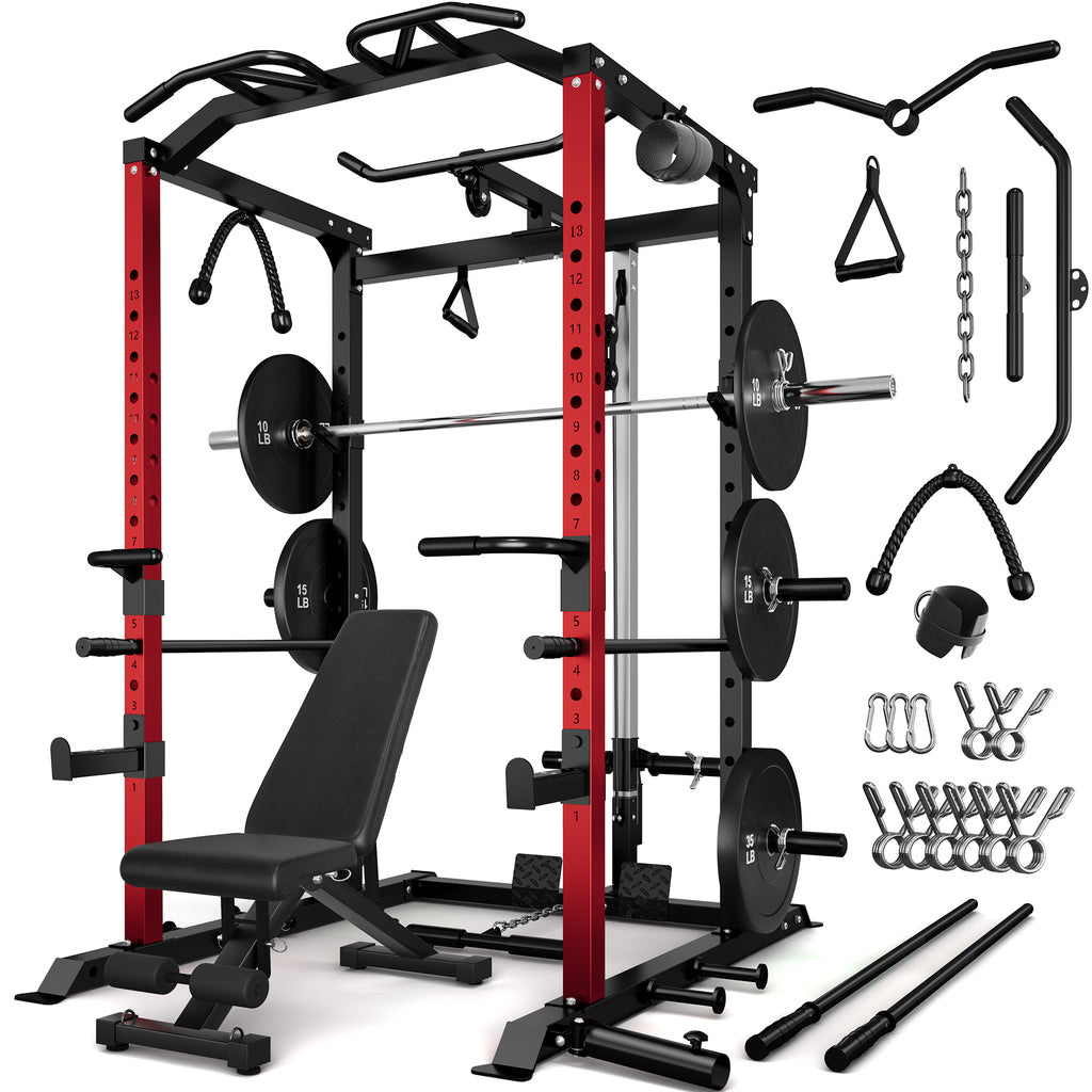 Power Rack Power Cage with LAT Pulldown Attachment and Pull Up Bar,2000LBS Squat Rack for Home Gym with 120LBS Weight Plates