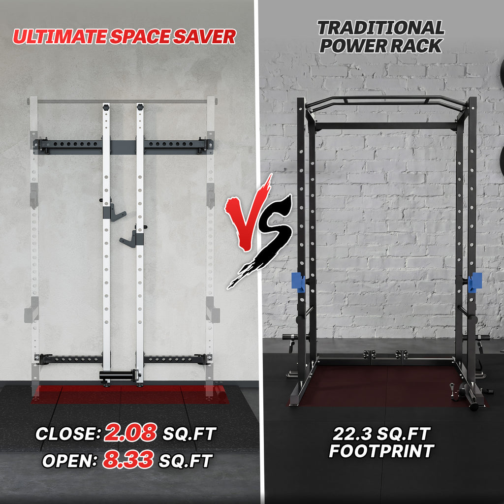 MITONOS Wall Mount Foldable Squat Power Rack, Compact 1100 lbs Weight Capacity Home Gym Training Station,Heavy-Duty Steel Space Efficient Workout Frame with Pull-up Bar and 360° Landmine