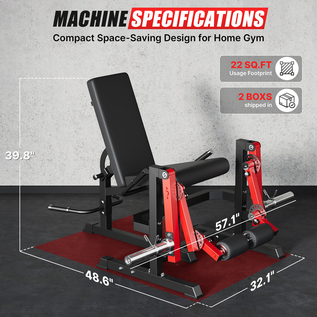 Mitonos Dual Independent Leg Machine Adjustable Unilateral Lower Body Training Equipment Plate Loaded Leg Extension and Leg Curl Machine for Home Gym, Red with 190LBS Black Weight Plates Set