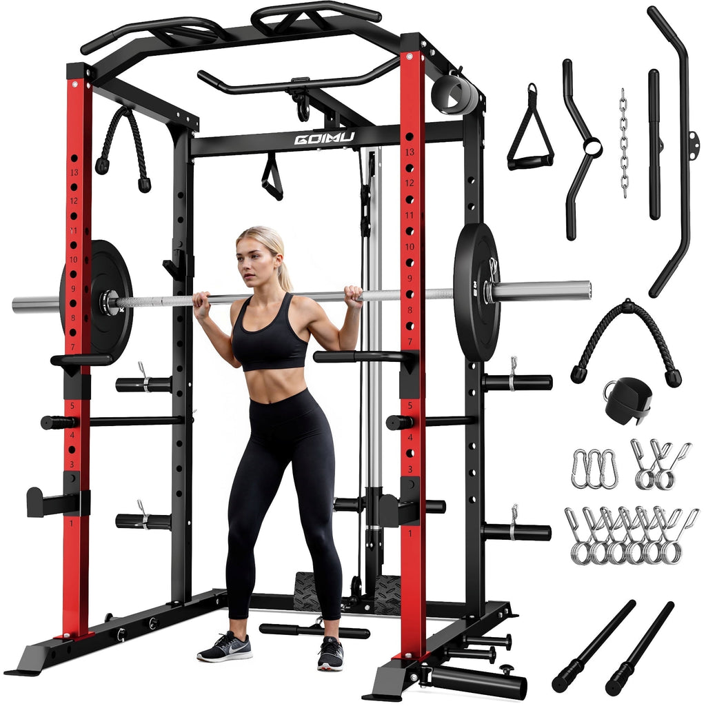 MITONOS C1-V4 Power Cage, 2000LBS Squat Rack with LAT Pulldown, Multi-Function Weight Cage Strength Training Machine, Workout Cage with More Attachments for Home Gym Garage , RD