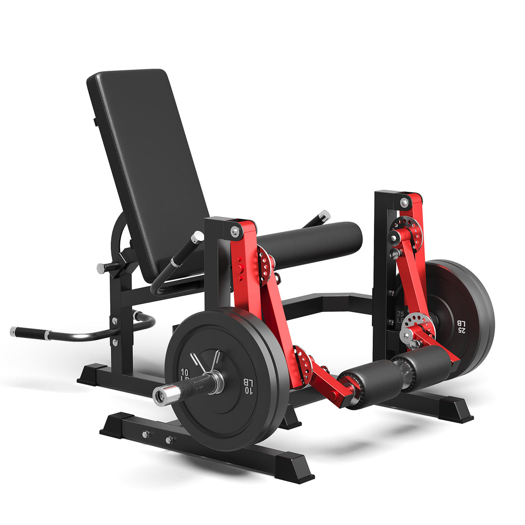 Mitonos Dual Independent Leg Machine Adjustable Unilateral Lower Body Training Equipment Plate Loaded Leg Extension and Leg Curl Machine for Home Gym, Red with 70LBS Black Weight Plates Set