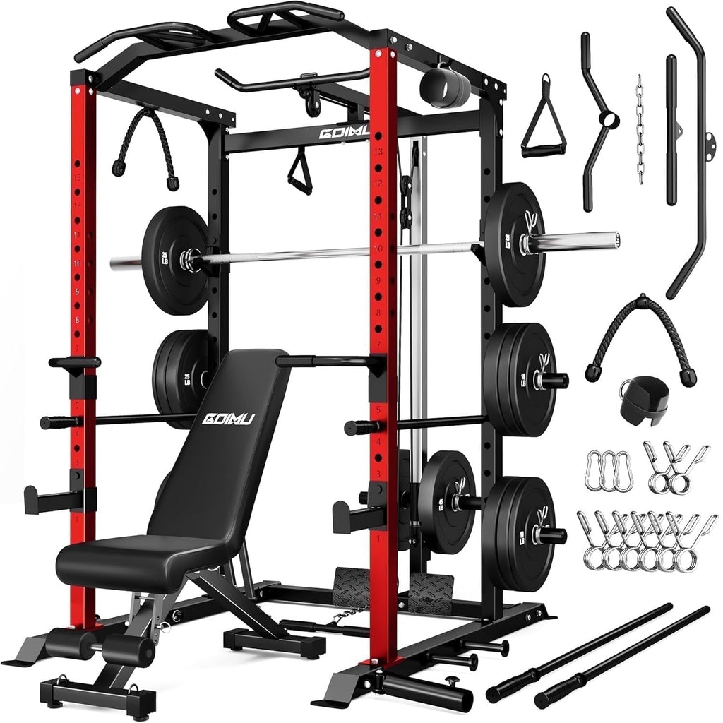 Power Cage, 2000LBS Squat Rack with LAT Pulldown, Multi-Function Weight Cage Strength Training Machine, Workout Cage with More Attachments for Home Gym Garage