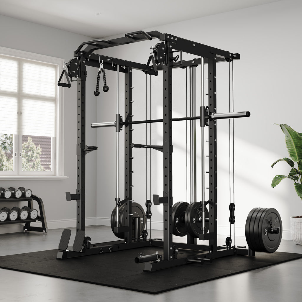 Mitonos Multi-Function Smith Power Cage, 2000 LBS Heavy Duty Squat Rack with Dual Cable Crossover System, All-in-One Home Gym Strength Training Frame with Fitness Accessories