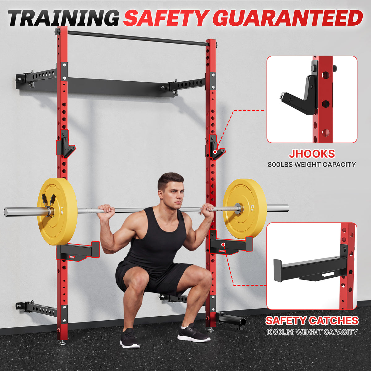 MITONOS Wall Mount Foldable Squat Power Rack, Compact 1100 lbs Weight Capacity Home Gym Training Station,Heavy-Duty Steel Space Efficient Workout Frame with Pull-up Bar and 360° Landmine,Rad