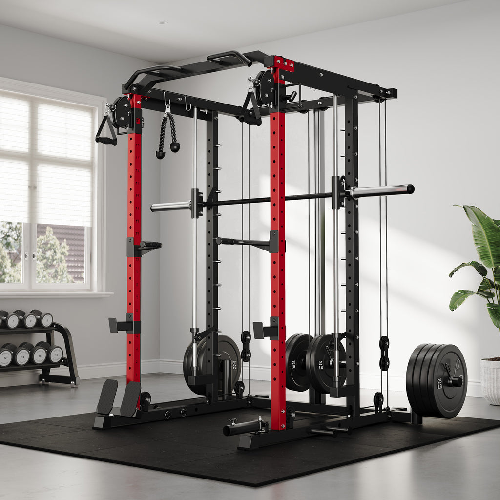 Mitonos Multi-Function Smith Power Cage, 2000 LBS Heavy Duty Squat Rack with Dual Cable Crossover System, All-in-One Home Gym Strength Training Frame with Fitness Accessories