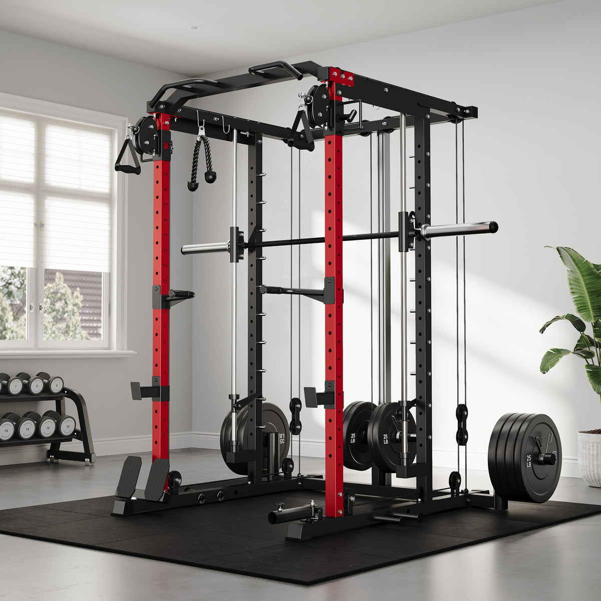 Mitonos Multi-Function Smith Power Cage, 2000 LBS Heavy Duty Squat Rack with Dual Cable Crossover System, All-in-One Home Gym Strength Training Frame with Fitness Accessories
