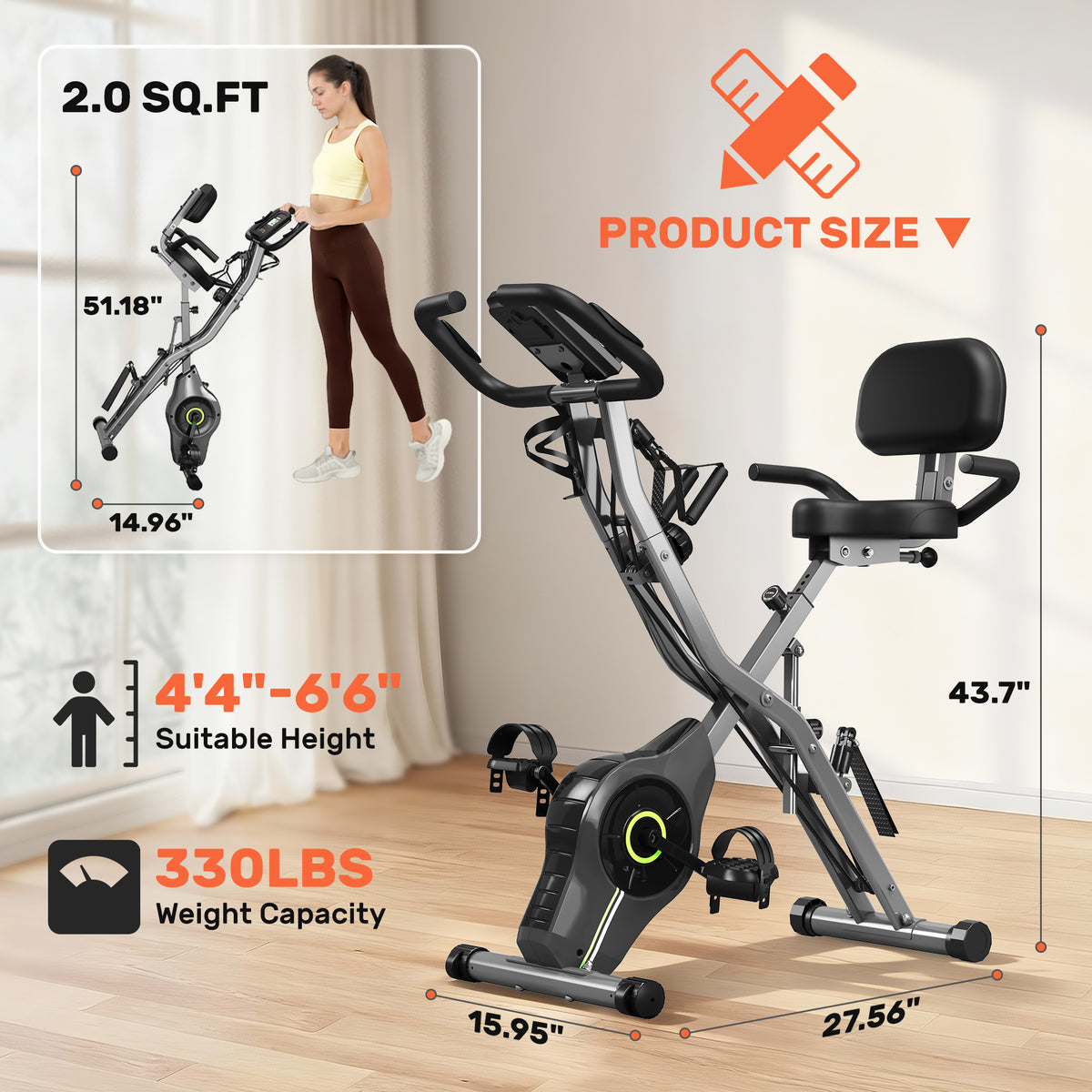 MITONOS Exercise Bike for Home,5 in 1 Foldable Stationary Bike for Seniors,16 Level Adjustable Magentic Resistance,Women Recumbent Bike with 330LB Capacity,Indoor Cardio Workout Bike with Backrest