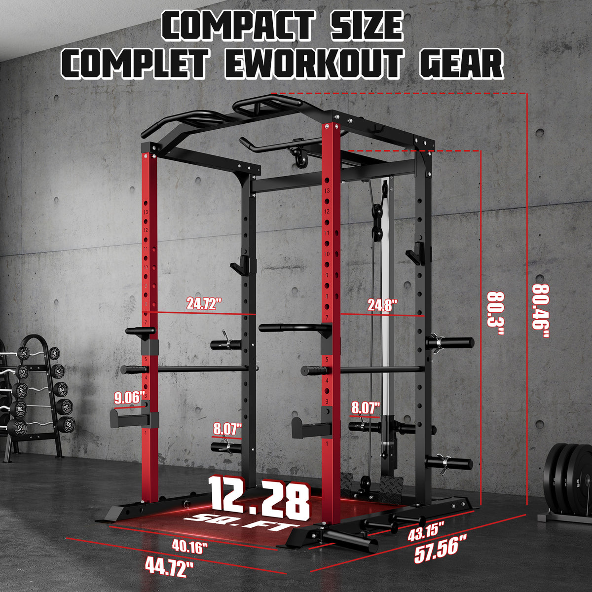 Power Rack Power Cage with LAT Pulldown Attachment and Pull Up Bar,2000LBS Squat Rack for Home Gym with 120LBS Weight Plates