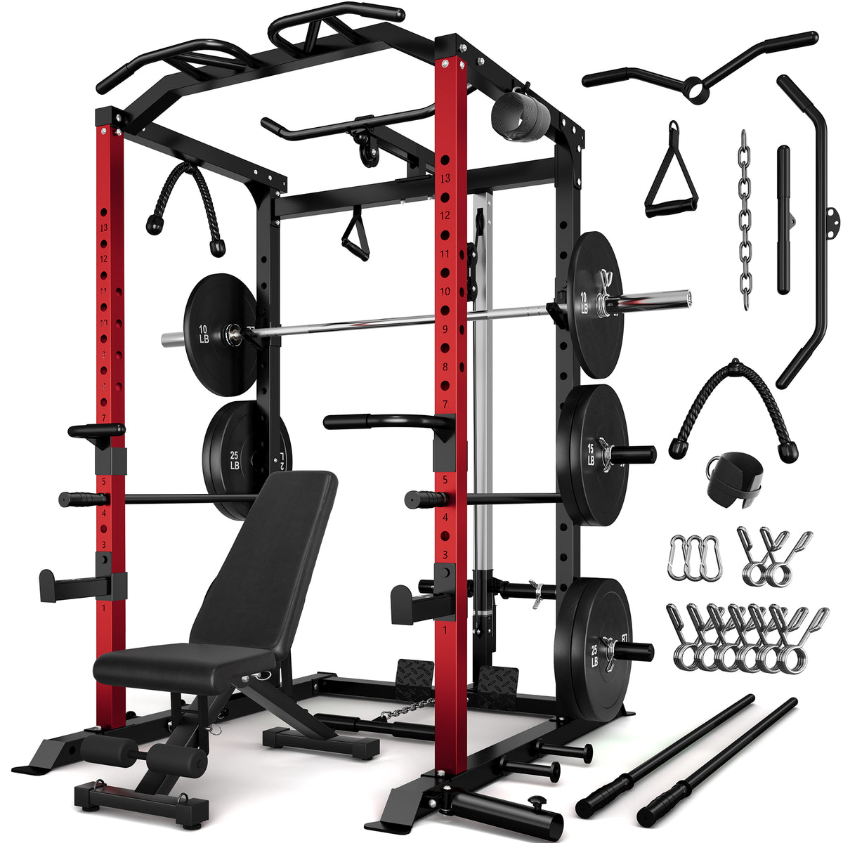 Power Rack Power Cage with LAT Pulldown Attachment and Pull Up Bar,2000LBS Squat Rack for Home Gym with 220LBS Weight Plates