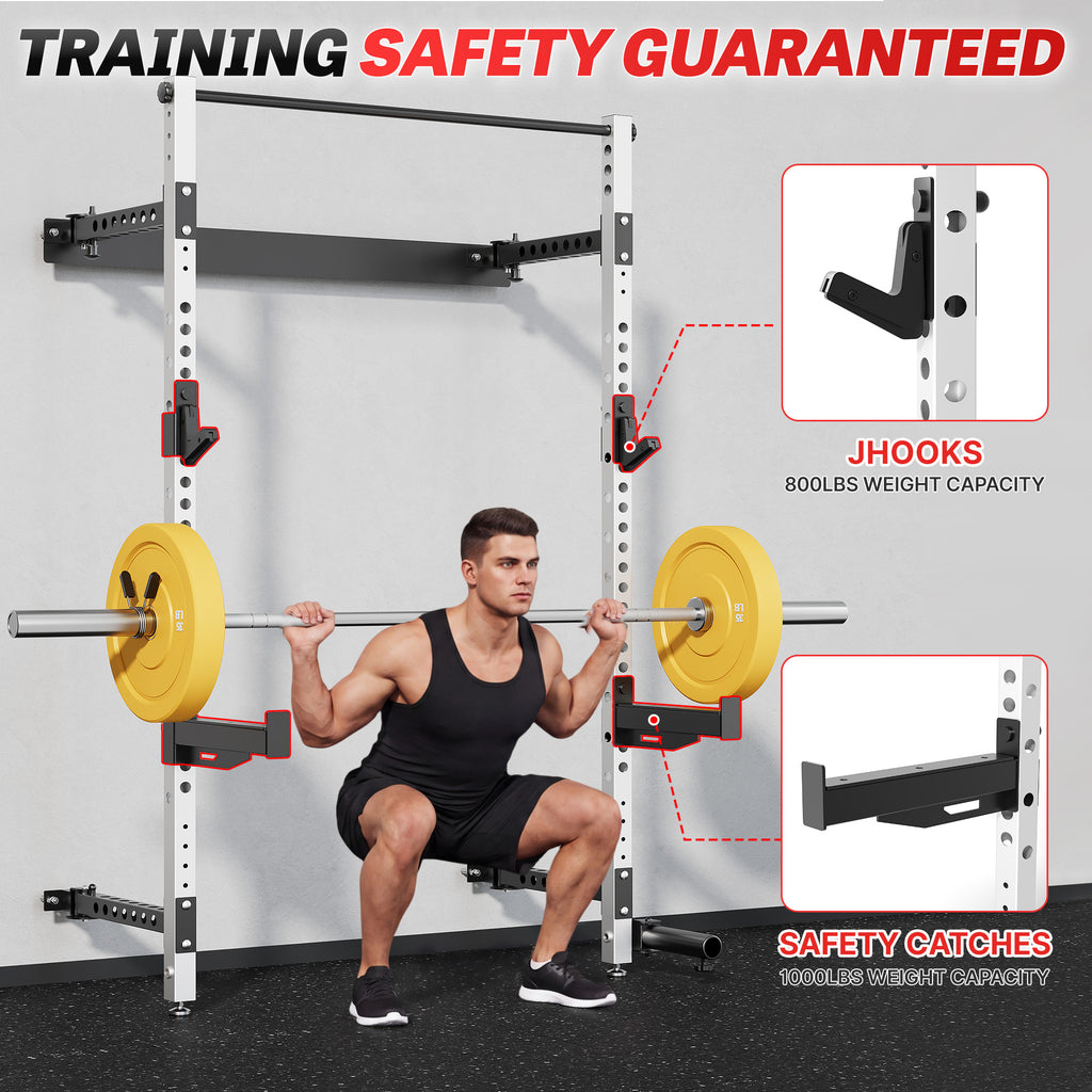 MITONOS Wall Mount Foldable Squat Power Rack, Compact 1100 lbs Weight Capacity Home Gym Training Station,Heavy-Duty Steel Space Efficient Workout Frame with Pull-up Bar and 360° Landmine