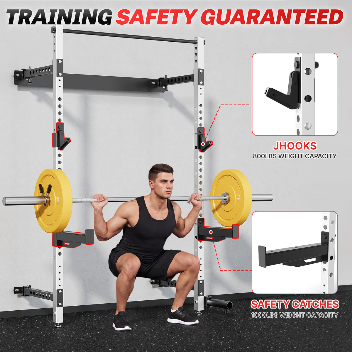 MITONOS Wall Mount Foldable Squat Power Rack, Compact 1100 lbs Weight Capacity Home Gym Training Station,Heavy-Duty Steel Space Efficient Workout Frame with Pull-up Bar and 360° Landmine