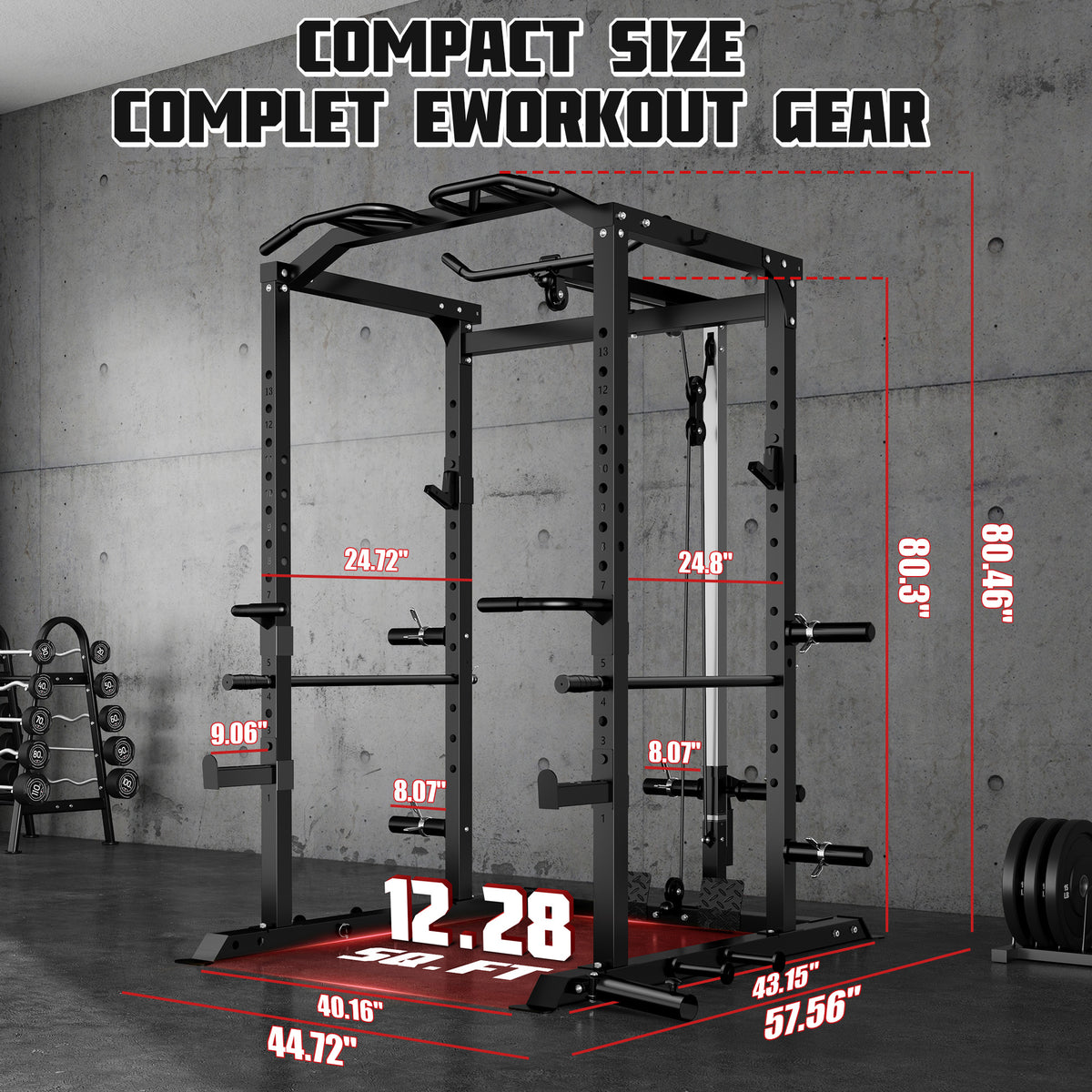 MITONOS 2000LBS Power Cage, Multi‑Function Squat Power Rack with LAT Pulldown, Pull‑Up Bar & Cable Pulley System for Home Gym