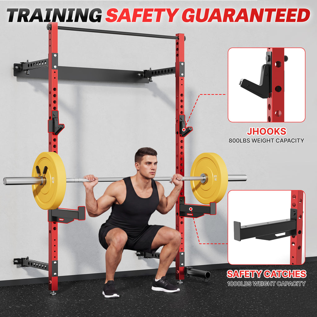 MITONOS Wall Mount Foldable Squat Power Rack, Compact 1100 lbs Weight Capacity Home Gym Training Station,Heavy-Duty Steel Space Efficient Workout Frame with Pull-up Bar and 360° Landmine,Red