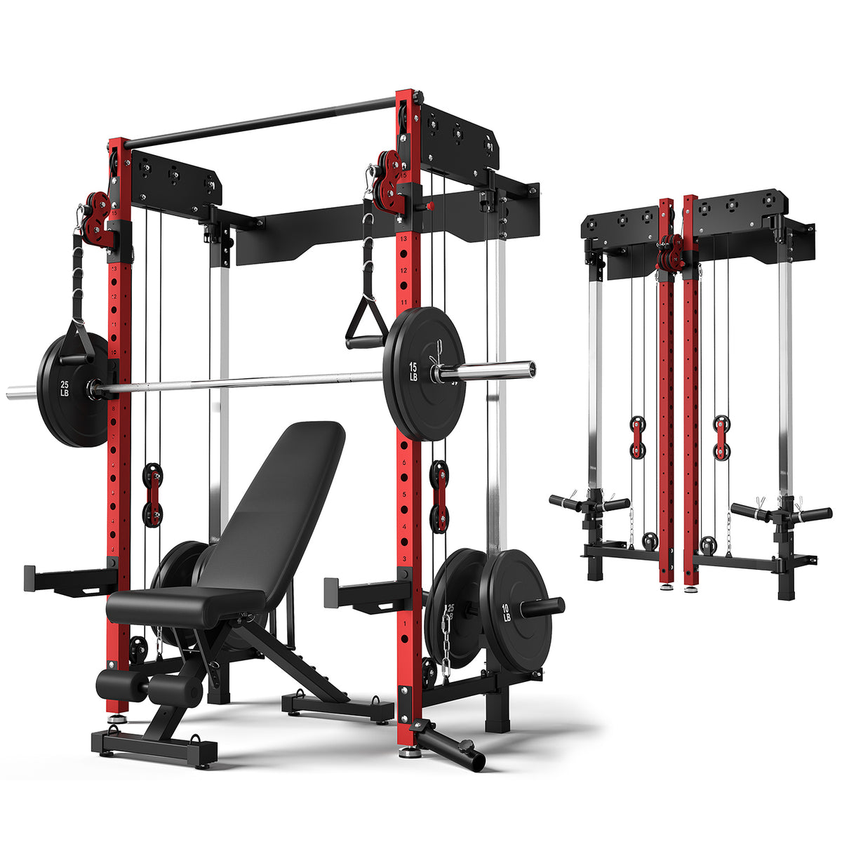 Foldable Power Rack Cage,1200 LBSWall Mounted Squat Rack, 5 Adjustable Modes, Functional Trainer for Space Saving Home Gym with 1000 LB Weight Bench and Barbell ,Red