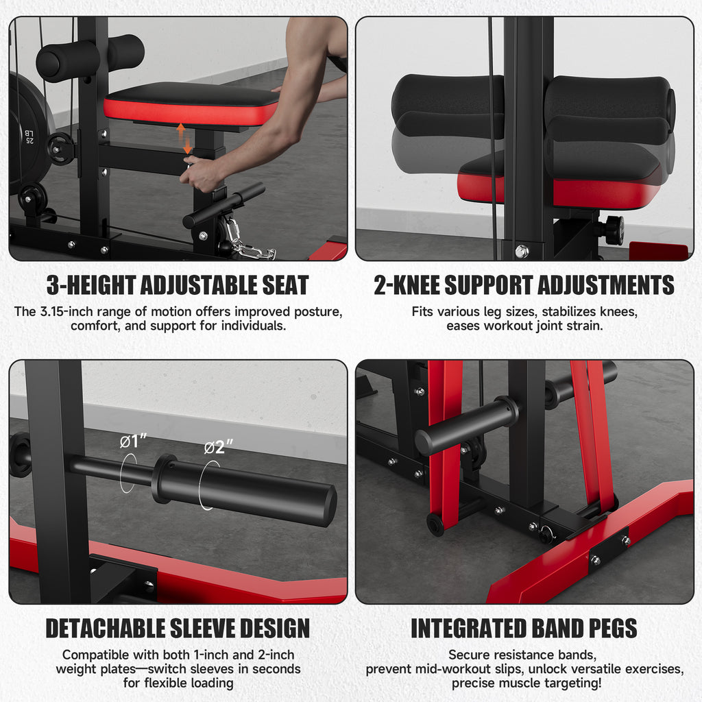 MITONOS 3 in 1 LAT Pulldown Machine,LAT Row Cable Machine with AB Crunch and Cable Row Attachments for Home Gym,High or Low Pulley Stations with Weight Plates (Red)