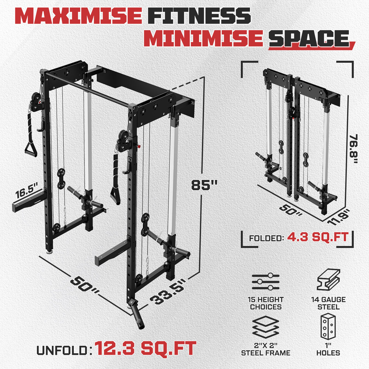 MITONOS Wall Mounted Folding Squat Rack 1200LBS, Power Rack with Dual Cable Crossover Pulley System, Pull Up Bar and Lat Pulldown Attachment, Functional Trainer for Home Gym Black