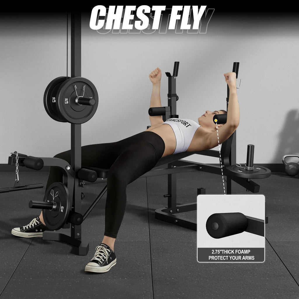900LBS Olympic Weight Bench,9 in 1 Multifunction Strength Training Bench with Leg Extension,Preacher Curl Pad and LAT Pulldown for Home Gym with Olympic Bar and 120lb Weight Plates,Black