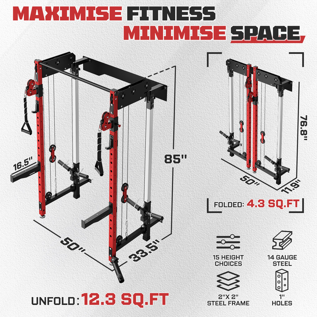 MITONOS Wall Mounted Folding Squat Rack,1200 LBS Power Rack with Dual Independent Pulley System, 5 Adjustable Modes, Functional Trainer for Space Saving Home Gym,Red