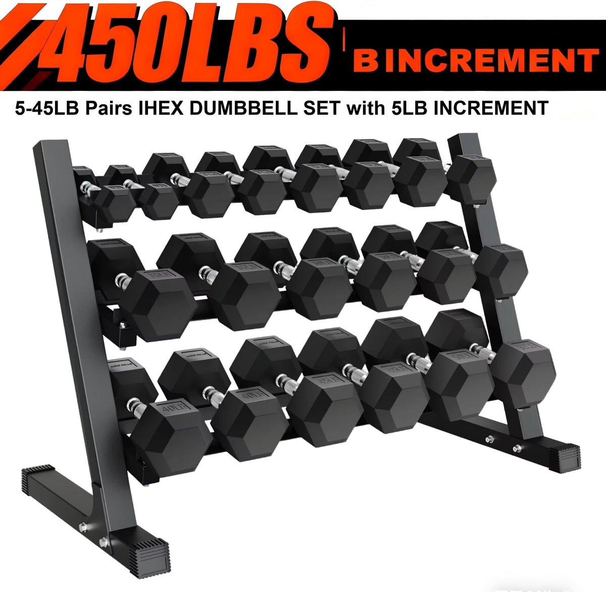 MITONOS 450/550 Dumbbell Sets with Rack, Rubber Hex Dumbbells, Free Weight set for Home Gym, Hand Weights with Chrome Handle for Strength Training