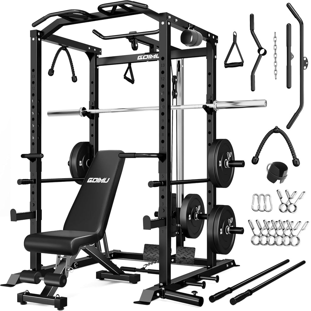 Power Cage, 2000LBS Squat Rack with LAT Pulldown, Multi-Function Weight Cage Strength Training Machine, Workout Cage with More Attachments for Home Gym Garage