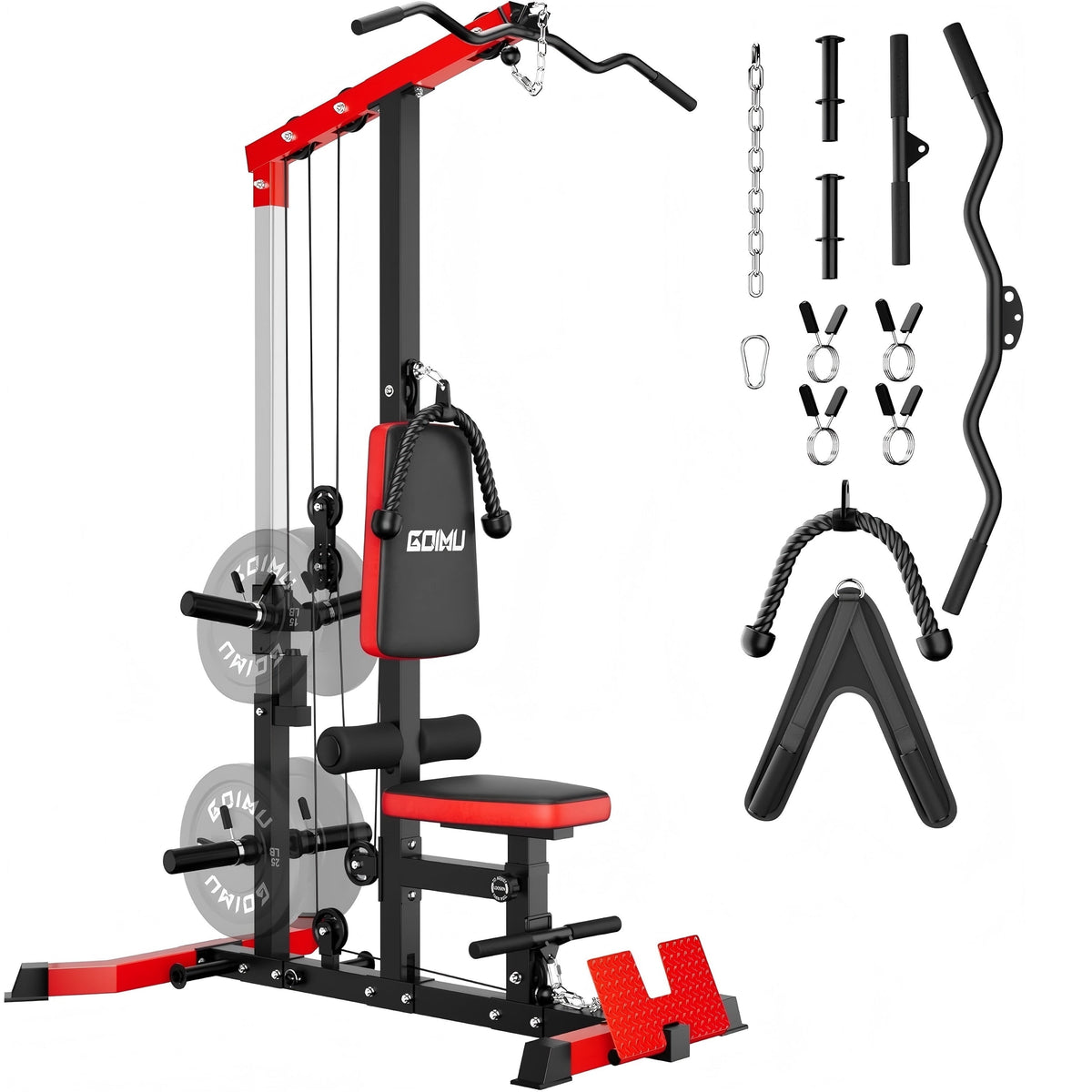 MITONOS 3 in 1 LAT Pulldown Machine,LAT Row Cable Machine with AB Crunch and Cable Row Attachments for Home Gym,High or Low Pulley Stations (Red)