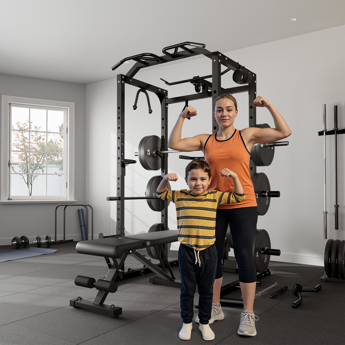 MITONOS Power Cage, 2000LBS Squat Rack with LAT Pulldown, Multi-Function Power Rack Strength Training Machine, Weight Lifting Equipment with More Attachments for Home Gym Garage