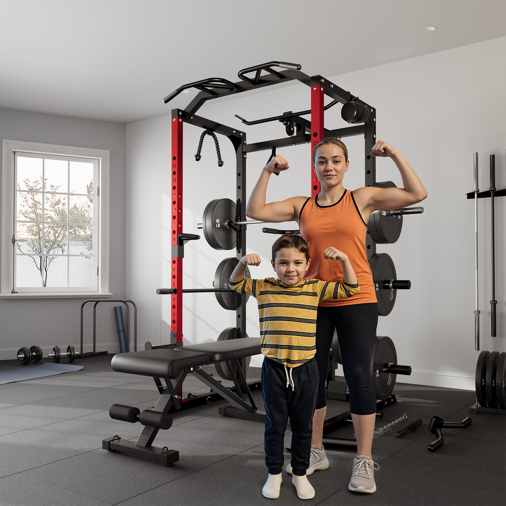 Power Rack Power Cage with LAT Pulldown Attachment and Pull Up Bar,2000LBS Squat Rack for Home Gym with 120LBS Weight Plates