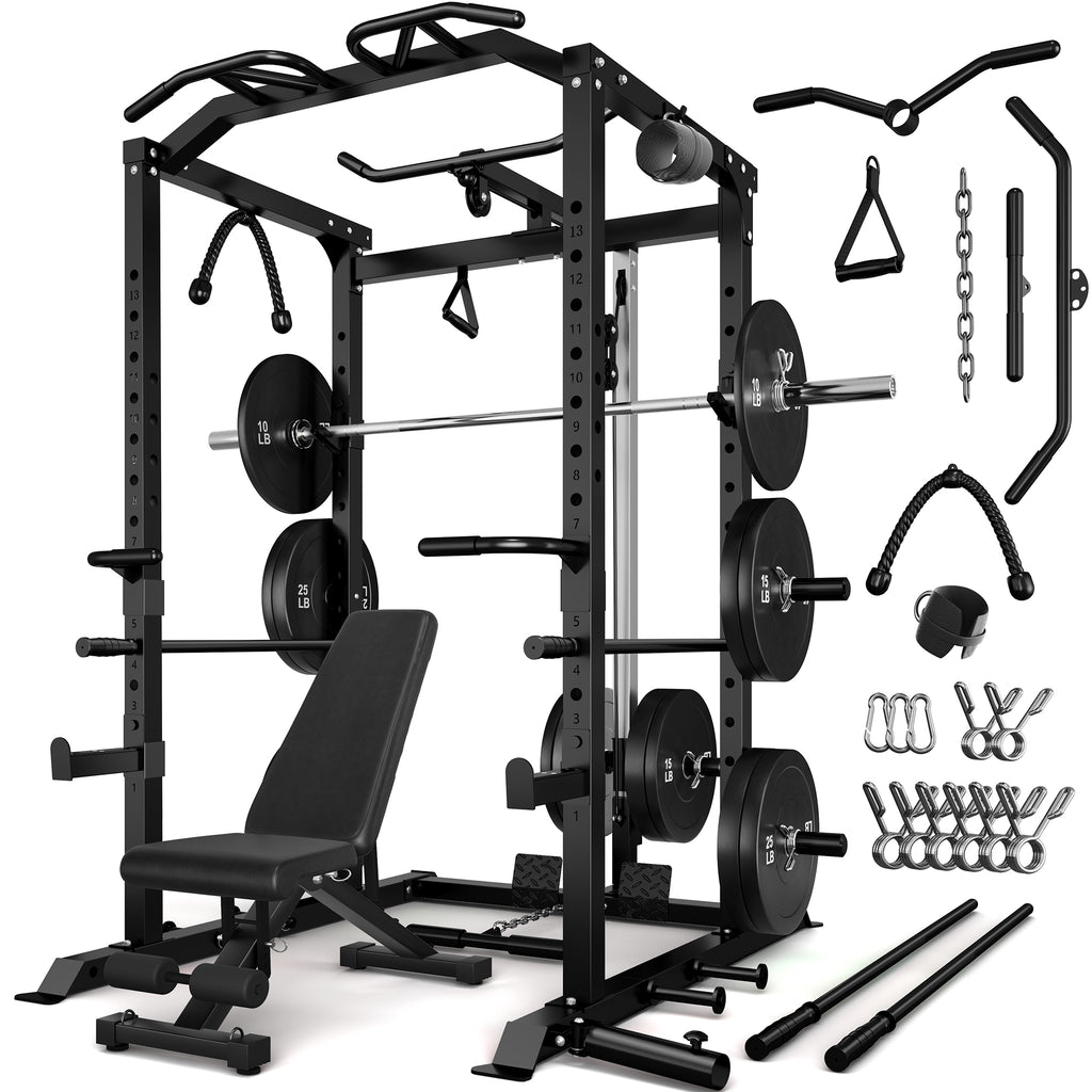 Power Rack Power Cage with LAT Pulldown Attachment and Pull Up Bar,2000LBS Squat Rack for Home Gym