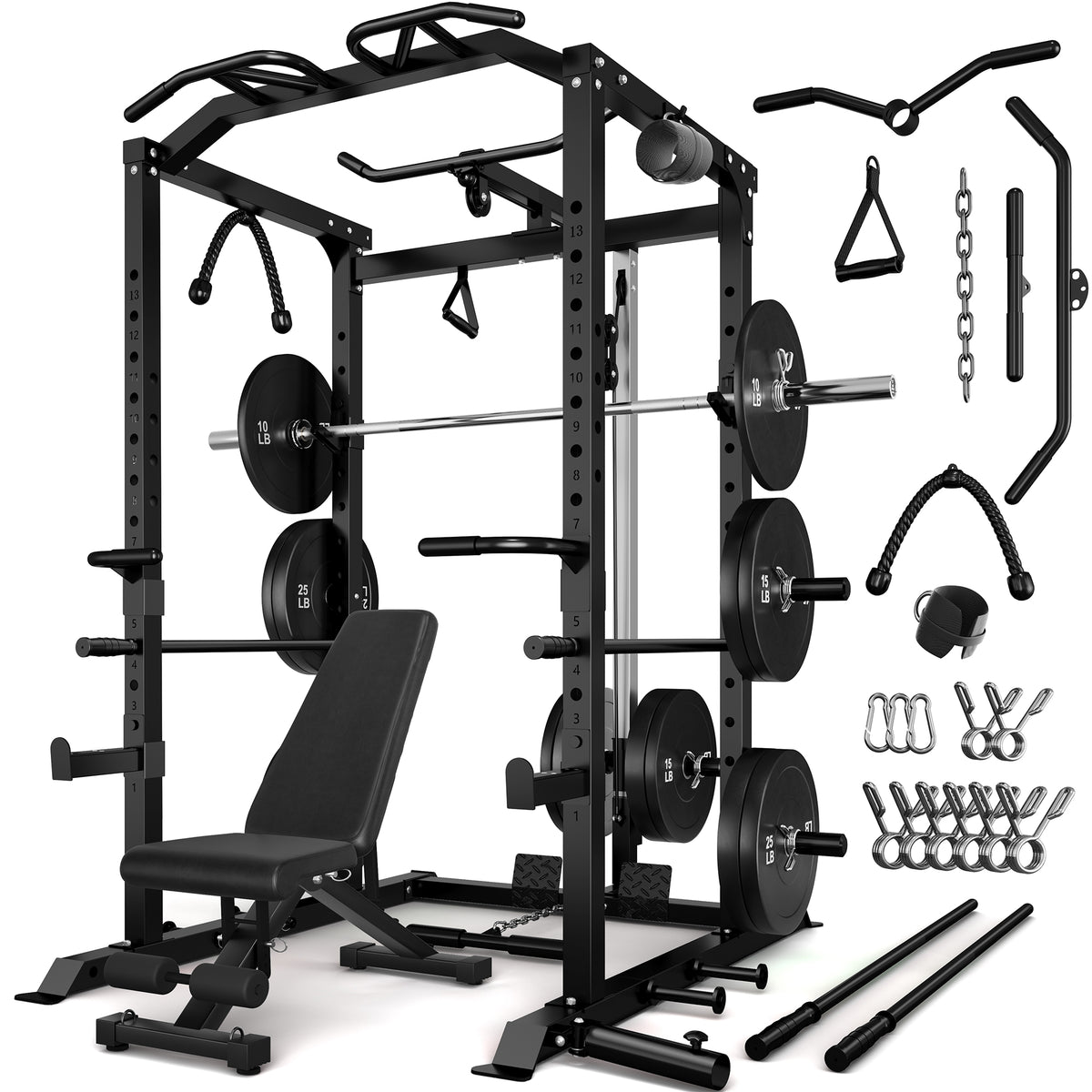 Power Rack Power Cage with LAT Pulldown Attachment and Pull Up Bar,2000LBS Squat Rack for Home Gym
