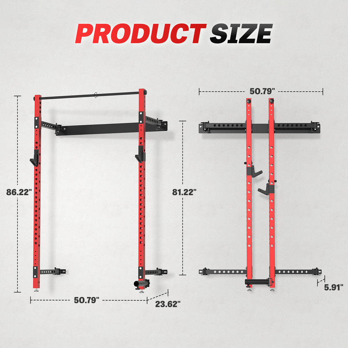 MITONOS Wall Mount Foldable Squat Power Rack, Compact 1100 lbs Weight Capacity Home Gym Training Station,Heavy-Duty Steel Space Efficient Workout Frame with Pull-up Bar and 360° Landmine,Red