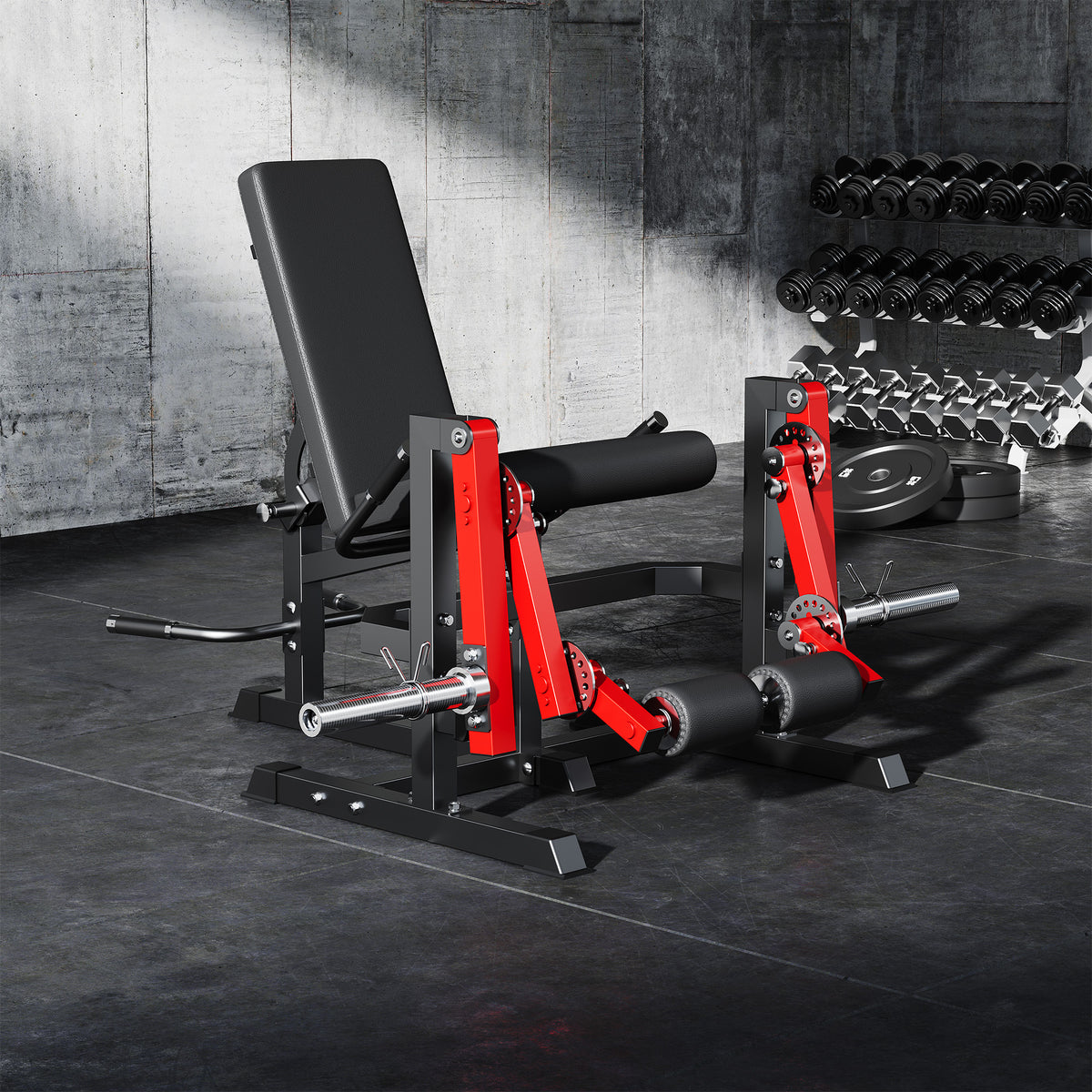 Mitonos Dual Independent Leg Machine Adjustable Unilateral Lower Body Training Equipment Plate Loaded Leg Extension and Leg Curl Machine for Home Gym, Red with 190LBS Black Weight Plates Set